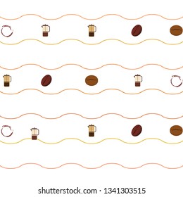 French press coffee, coffee beans, spilled coffee, vector illustration. Design elements for a cafe. Vector background.
