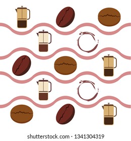 French press coffee, coffee beans, spilled coffee, vector illustration. Design elements for a cafe. Vector background.