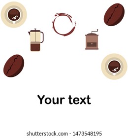French press coffee, coffee beans, spilled coffee, vector illustration. Design elements for a cafe. Vector background.