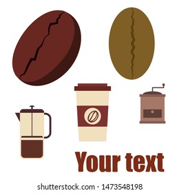 French press coffee, coffee beans, spilled coffee, vector illustration. Design elements for a cafe. Vector background.