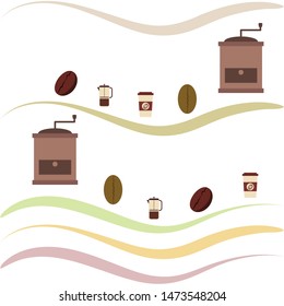 French press coffee, coffee beans, spilled coffee, vector illustration. Design elements for a cafe. Vector background.