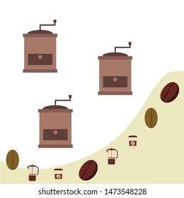 French press coffee, coffee beans, spilled coffee, vector illustration. Design elements for a cafe. Vector background.