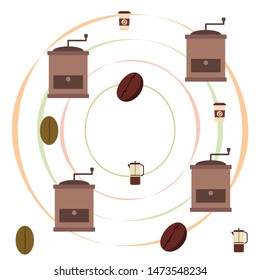 French press coffee, coffee beans, spilled coffee, vector illustration. Design elements for a cafe. Vector background.