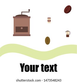 French press coffee, coffee beans, spilled coffee, vector illustration. Design elements for a cafe. Vector background.