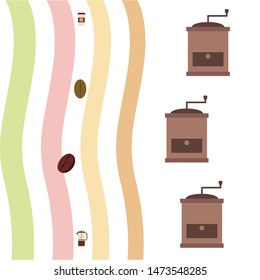 French press coffee, coffee beans, spilled coffee, vector illustration. Design elements for a cafe. Vector background.