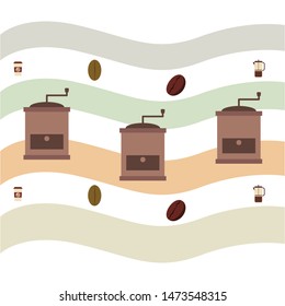 French press coffee, coffee beans, spilled coffee, vector illustration. Design elements for a cafe. Vector background.