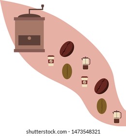 French press coffee, coffee beans, spilled coffee, vector illustration. Design elements for a cafe. Vector background.