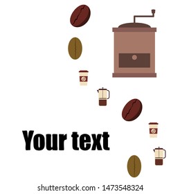 French press coffee, coffee beans, spilled coffee, vector illustration. Design elements for a cafe. Vector background.