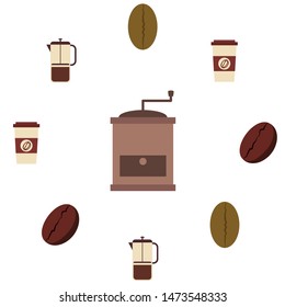 French press coffee, coffee beans, spilled coffee, vector illustration. Design elements for a cafe. Vector background.
