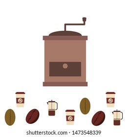 French press coffee, coffee beans, spilled coffee, vector illustration. Design elements for a cafe. Vector background.