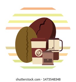 French press coffee, coffee beans, spilled coffee, vector illustration. Design elements for a cafe. Vector background.