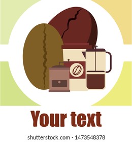 French press coffee, coffee beans, spilled coffee, vector illustration. Design elements for a cafe. Vector background.