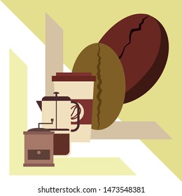 French press coffee, coffee beans, spilled coffee, vector illustration. Design elements for a cafe. Vector background.