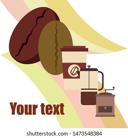 French press coffee, coffee beans, spilled coffee, vector illustration. Design elements for a cafe. Vector background.