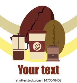 French press coffee, coffee beans, spilled coffee, vector illustration. Design elements for a cafe. Vector background.