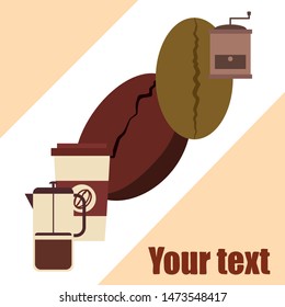 French press coffee, coffee beans, spilled coffee, vector illustration. Design elements for a cafe. Vector background.