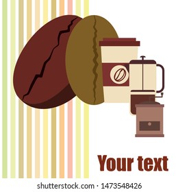 French press coffee, coffee beans, spilled coffee, vector illustration. Design elements for a cafe. Vector background.