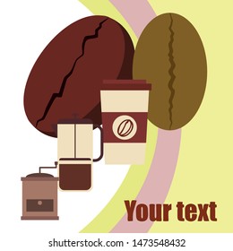 French press coffee, coffee beans, spilled coffee, vector illustration. Design elements for a cafe. Vector background.