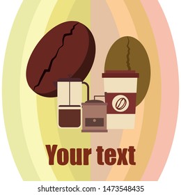 French press coffee, coffee beans, spilled coffee, vector illustration. Design elements for a cafe. Vector background.