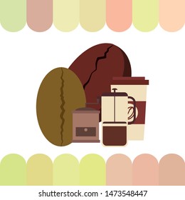 French press coffee, coffee beans, spilled coffee, vector illustration. Design elements for a cafe. Vector background.