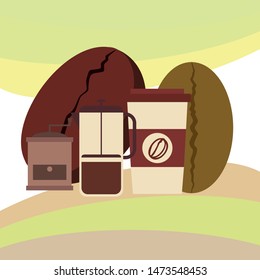 French press coffee, coffee beans, spilled coffee, vector illustration. Design elements for a cafe. Vector background.