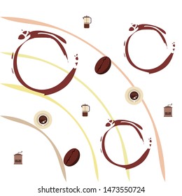 French press coffee, coffee beans, spilled coffee, vector illustration. Design elements for a cafe. Vector background.