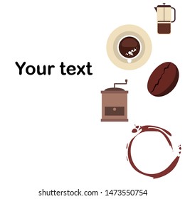 French press coffee, coffee beans, spilled coffee, vector illustration. Design elements for a cafe. Vector background.