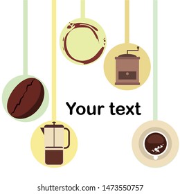 French press coffee, coffee beans, spilled coffee, vector illustration. Design elements for a cafe. Vector background.