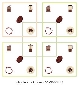 French press coffee, coffee beans, spilled coffee, vector illustration. Design elements for a cafe. Vector background.