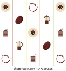 French press coffee, coffee beans, spilled coffee, vector illustration. Design elements for a cafe. Vector background.