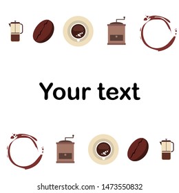 French press coffee, coffee beans, spilled coffee, vector illustration. Design elements for a cafe. Vector background.