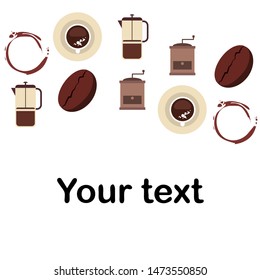 French press coffee, coffee beans, spilled coffee, vector illustration. Design elements for a cafe. Vector background.
