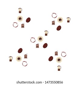 French press coffee, coffee beans, spilled coffee, vector illustration. Design elements for a cafe. Vector background.