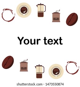 French press coffee, coffee beans, spilled coffee, vector illustration. Design elements for a cafe. Vector background.