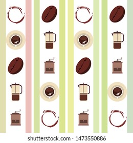 French press coffee, coffee beans, spilled coffee, vector illustration. Design elements for a cafe. Vector background.