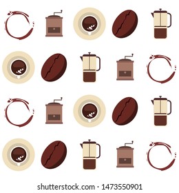 French press coffee, coffee beans, spilled coffee, vector illustration. Design elements for a cafe. Vector background.