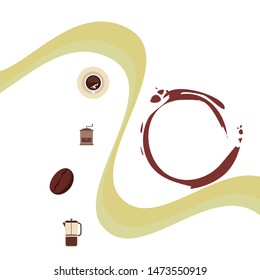 French press coffee, coffee beans, spilled coffee, vector illustration. Design elements for a cafe. Vector background.