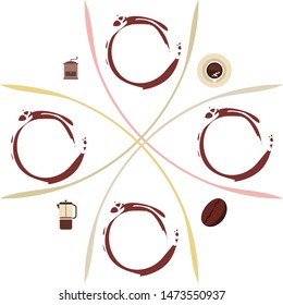 French press coffee, coffee beans, spilled coffee, vector illustration. Design elements for a cafe. Vector background.