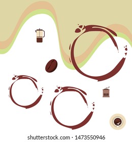 French press coffee, coffee beans, spilled coffee, vector illustration. Design elements for a cafe. Vector background.