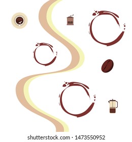 French press coffee, coffee beans, spilled coffee, vector illustration. Design elements for a cafe. Vector background.