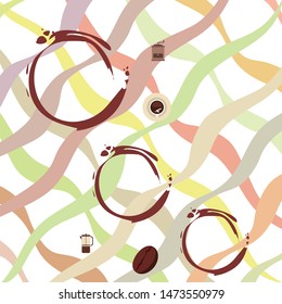 French press coffee, coffee beans, spilled coffee, vector illustration. Design elements for a cafe. Vector background.