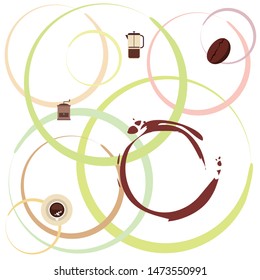 French press coffee, coffee beans, spilled coffee, vector illustration. Design elements for a cafe. Vector background.