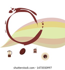 French press coffee, coffee beans, spilled coffee, vector illustration. Design elements for a cafe. Vector background.