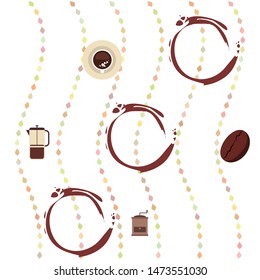 French press coffee, coffee beans, spilled coffee, vector illustration. Design elements for a cafe. Vector background.