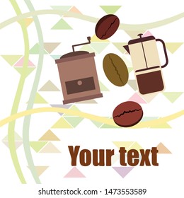 French press coffee, coffee beans, spilled coffee, vector illustration. Design elements for a cafe. Vector background.