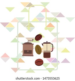 French press coffee, coffee beans, spilled coffee, vector illustration. Design elements for a cafe. Vector background.