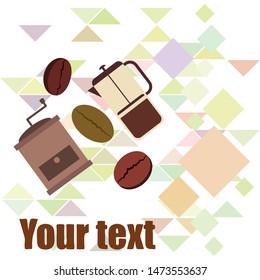 French press coffee, coffee beans, spilled coffee, vector illustration. Design elements for a cafe. Vector background.