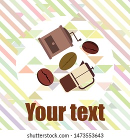 French press coffee, coffee beans, spilled coffee, vector illustration. Design elements for a cafe. Vector background.