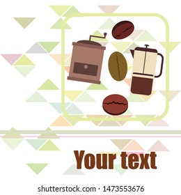 French press coffee, coffee beans, spilled coffee, vector illustration. Design elements for a cafe. Vector background.