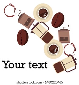 French press coffee, coffee beans, spilled coffee, vector illustration. Design elements for a cafe. Vector background.
